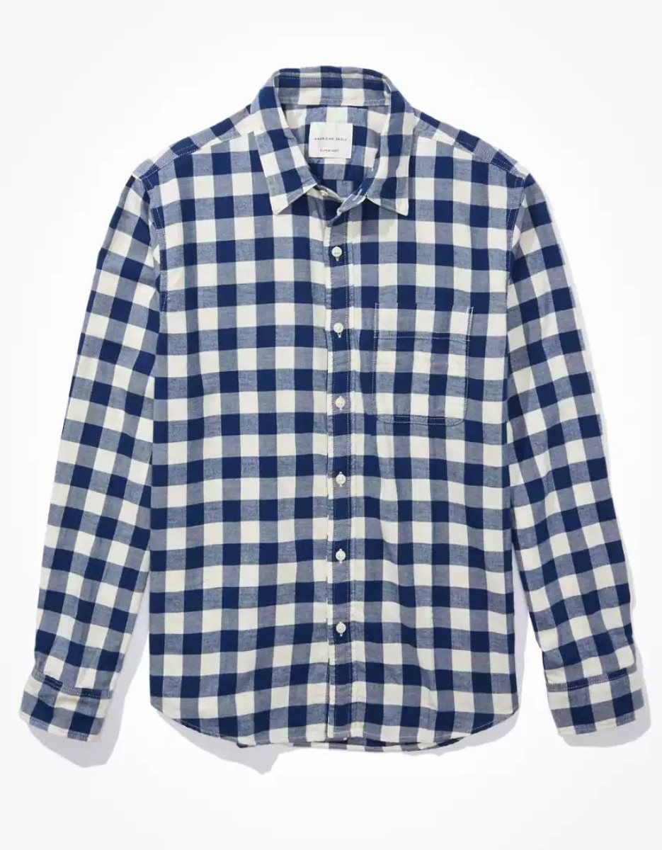 Hauts Flanelle American Eagle AE Super Soft Everyday Plaid Button-Up Shirt Bleu Marine Homme | OJP-54193296